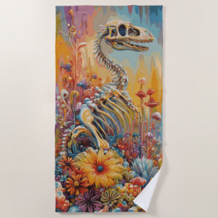 Colorful Dinosaur Skeleton Floral Fantasy Design Beach Towel