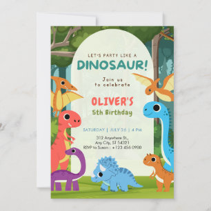 Colorful Dinosaur T-rex 5th Birthday Invitation