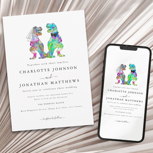 Colorful Dinosaur Theme Invitation (Colorful dinosaur theme wedding invitation with stylish Minimlist typography)