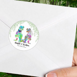 Colorful Dinosaur Theme Wedding Classic Round Sticker