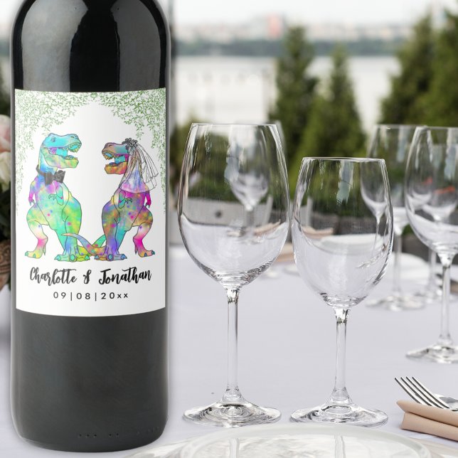 Colorful Dinosaur Theme Wedding Custom Wine Label (Colorful T-Rex Bride and Groom Dinosaur Wedding Custom wine labels)