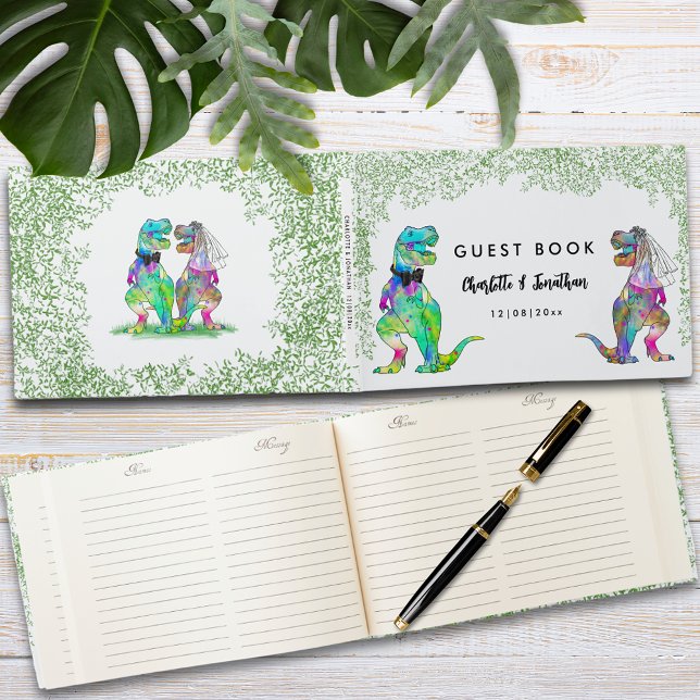 Colorful Dinosaur Theme Wedding Guest Book (Colorful dinosaur themed wedding guest book with funny T-Rex bride and groom)