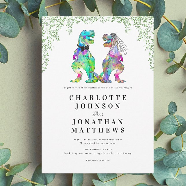 Colorful Dinosaur Theme Wedding Invitation (Colorful dinosaur theme wedding invitation with modern script and watercolor foliage)