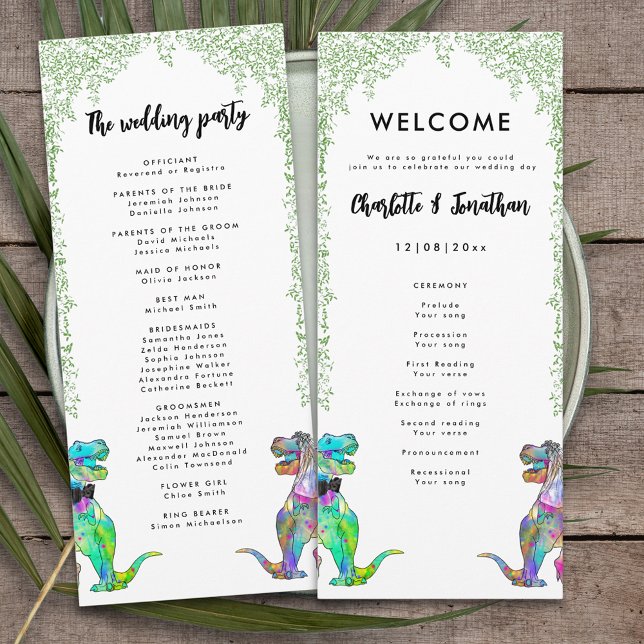Colorful Dinosaur Theme Wedding Program (Colorful T-Rex bride and groom dinosaur wedding day program)