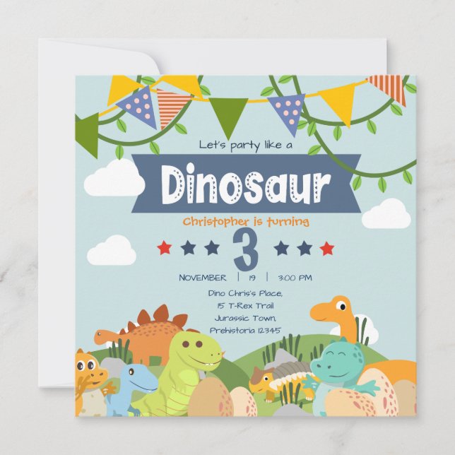 Colorful Dinosaur-Themed 3rd Birthday Invitation (Front)