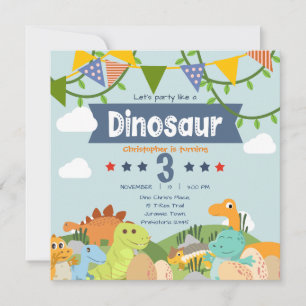 Colorful Dinosaur-Themed 3rd Birthday Invitation