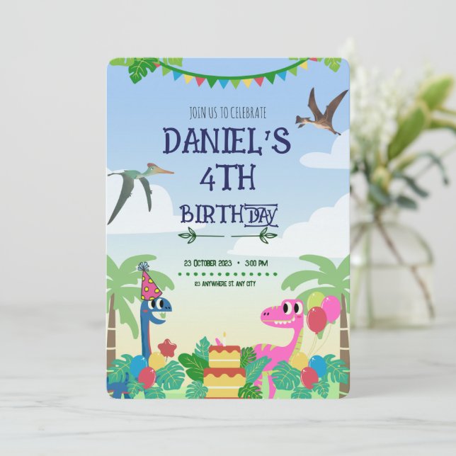 Colorful Dinosaur Themed Birthday Party Invitation (Standing Front)