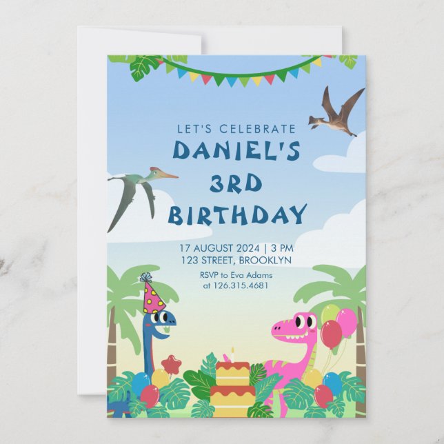 Colorful Dinosaur Themed Birthday Party Invitation (Front)