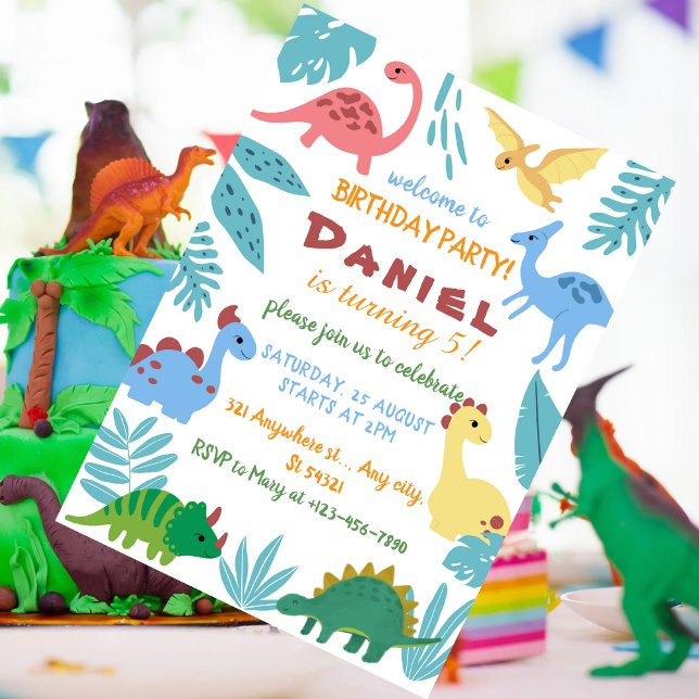 colorful dinosaur-themed birthday party invitation (Creator Uploaded)