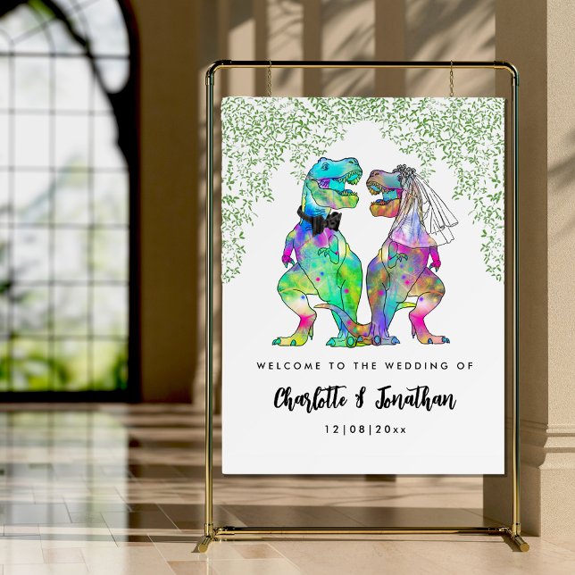Colorful Dinosaur Themed Wedding Welcome Foam Board (Colorful dinosaur themed wedding welcome sign with funny T-Rex bride and groom and jungle foliage)