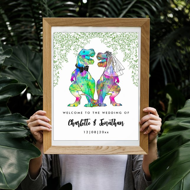 Colorful Dinosaur Themed Wedding Welcome Poster (Colorful dinosaur themed wedding welcome poster with funny T-Rex bride and groom and Jurassic jungle)