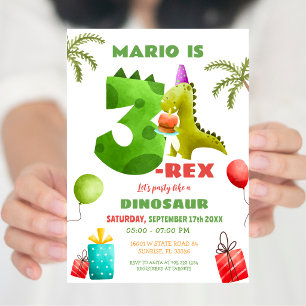 Colorful Dinosaur Three Rex 3rd Birthday Party Invitation