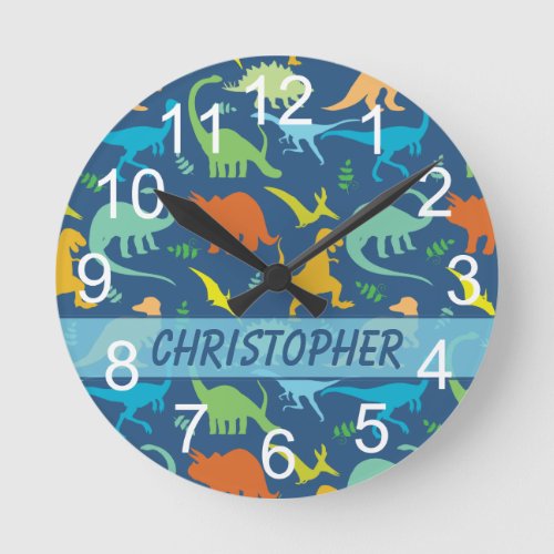 Colorful Dinosaur to Personalize Round Clock