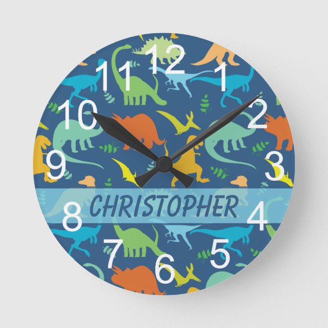 Colorful Dinosaur to Personalize Round Clock (Front)