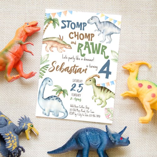 Colorful dinosaur toddler birthday party  invitation