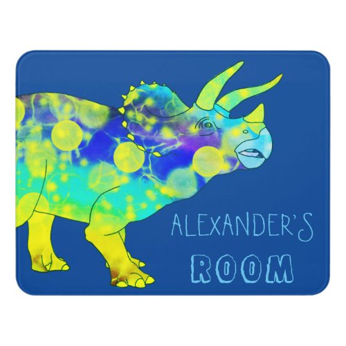 Colorful Dinosaur Triceratops Personalized kids Door Sign