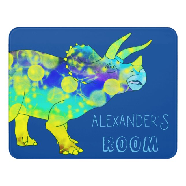 Colorful Dinosaur Triceratops Personalized kids Door Sign (Contemporary Front)