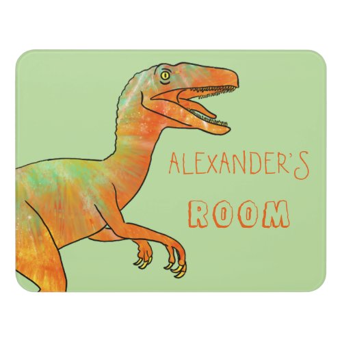 Colorful Dinosaur velociraptor Personalized boys Door Sign