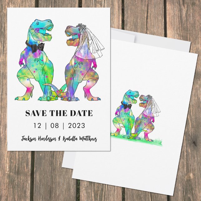 Colorful Dinosaur Wedding Save The Date (Funny colorful T-Rex bride & groom dinosaur wedding invitation artwork by artist Catherine Sweetman )