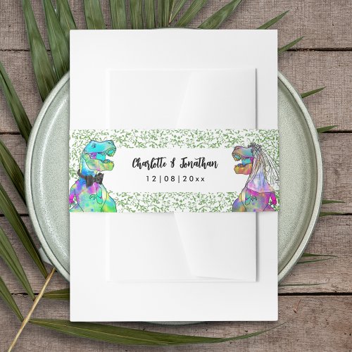 Colorful Dinosaur Wedding T_Rex Bride and Groom Invitation Belly Band