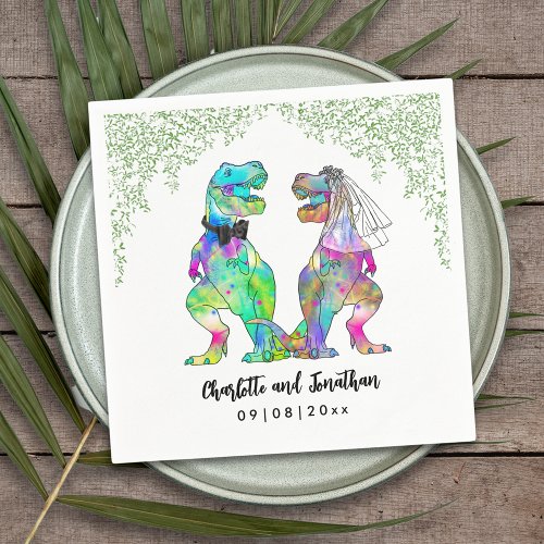 Colorful Dinosaur Wedding T_Rex Bride and Groom Napkins