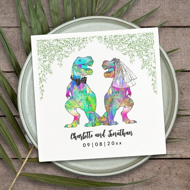 Colorful Dinosaur Wedding T-Rex Bride and Groom Napkins (Colorful dinosaur themed wedding funny T-Rex bride and groom Jurassic jungle foliage custom napkin)