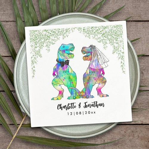 Colorful Dinosaur Wedding T_Rex Bride and Groom Napkins