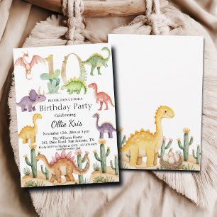 Colorful Dinosaurs 10th Birthday Party Invitation