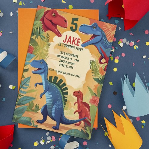 Colorful Dinosaurs 5th Birthday Kids Party  Invitation