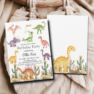 Colorful Dinosaurs 5th Birthday Party Invitation