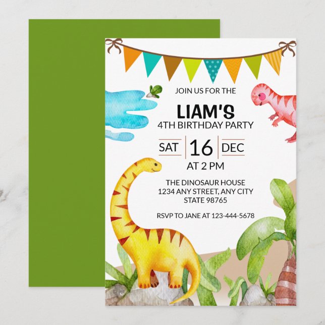 Colorful Dinosaurs Banner Fourth Birthday Party Invitation (Front/Back)