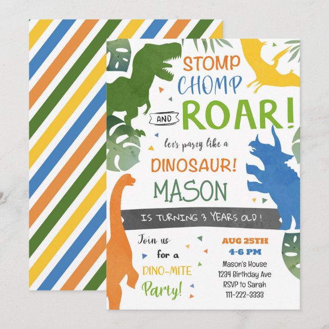 Colorful Dinosaurs Birthday Party Invitation (Front/Back)