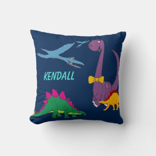 Colorful Dinosaurs Childs Name Navy Throw Pillow