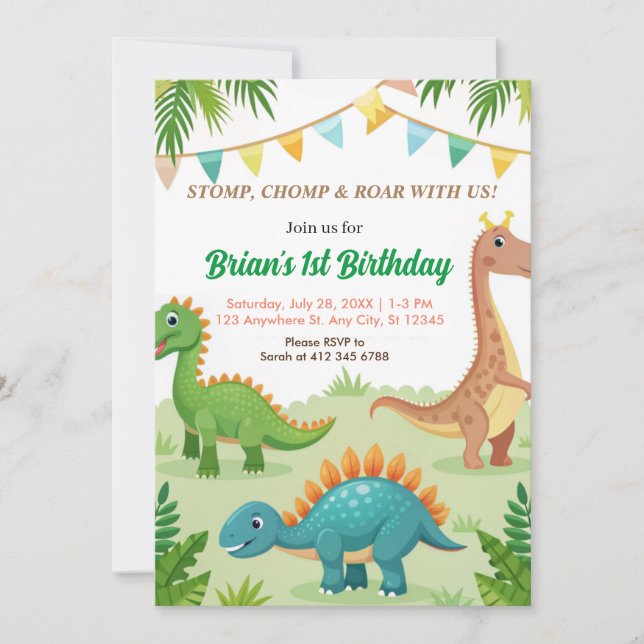  colorful dinosaurs cute boy birthday party  invitation (Front)