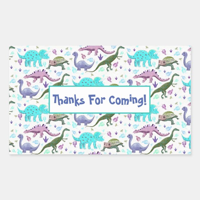 Colorful Dinosaurs Galore Thank You Party Rectangular Sticker (Front)