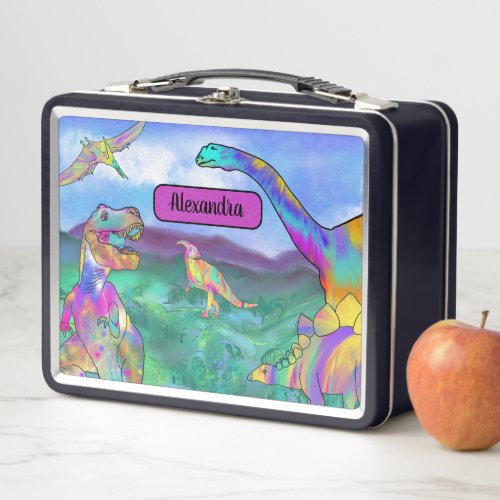 Colorful Dinosaurs Girls Name Metal Lunch Box
