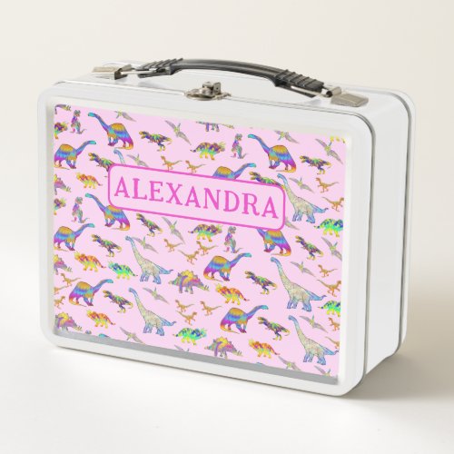 Colorful Dinosaurs Girls Name School Metal Lunch Box
