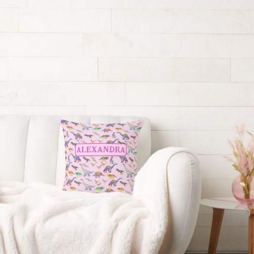 Colorful Dinosaurs Girls Personalized Throw Pillow