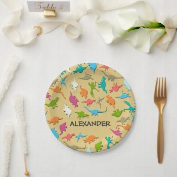 Colorful Dinosaurs Gold Children's Party Paper Plates by kidslife at Zazzle
