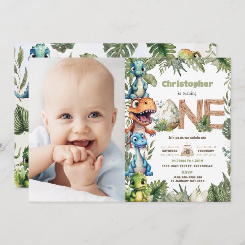 Colorful Dinosaurs Greenery 1st Birthday One Photo Invitation