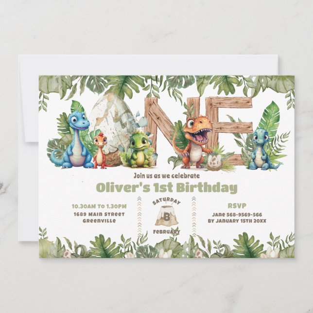 Colorful Dinosaurs Greenery ONE 1st First Birthday Invitation (Front)