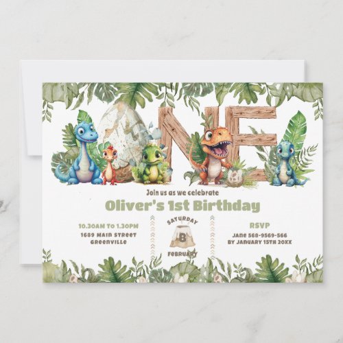 Colorful Dinosaurs Greenery ONE 1st First Birthday Invitation