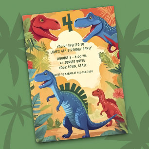 Colorful Dinosaurs Jungle Adventure 4th Birthday Invitation