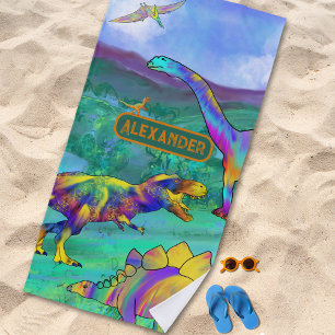Colorful Dinosaurs Jurassic Landscape Name Beach Towel