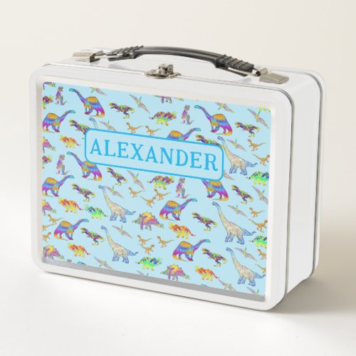 Colorful Dinosaurs Name School Blue Metal Lunch Box