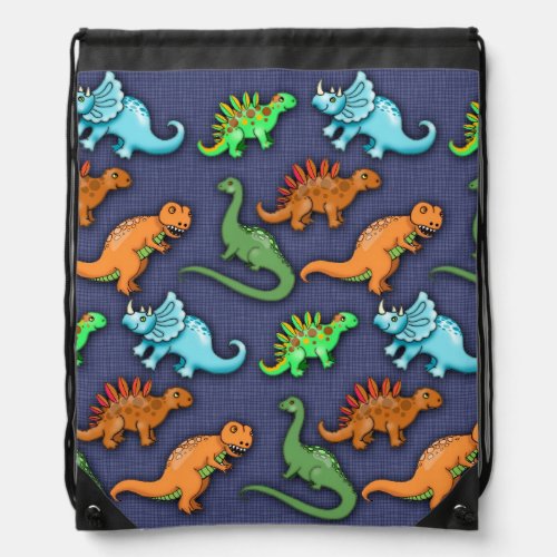 Colorful Dinosaurs on Blue Drawstring Bag