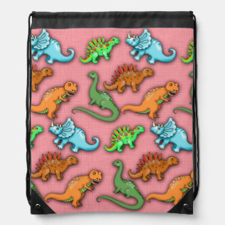 Colorful Dinosaurs on Pink Drawstring Bag