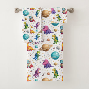 Colorful Dinosaurs Outer Space Planets Rainbow Bath Towel Set