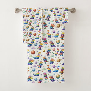 Colorful Dinosaurs Outer Space Planets Rainbow Bath Towel Set