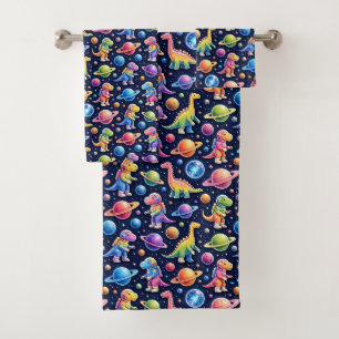 Colorful Dinosaurs Outer Space Planets Rainbow Bath Towel Set